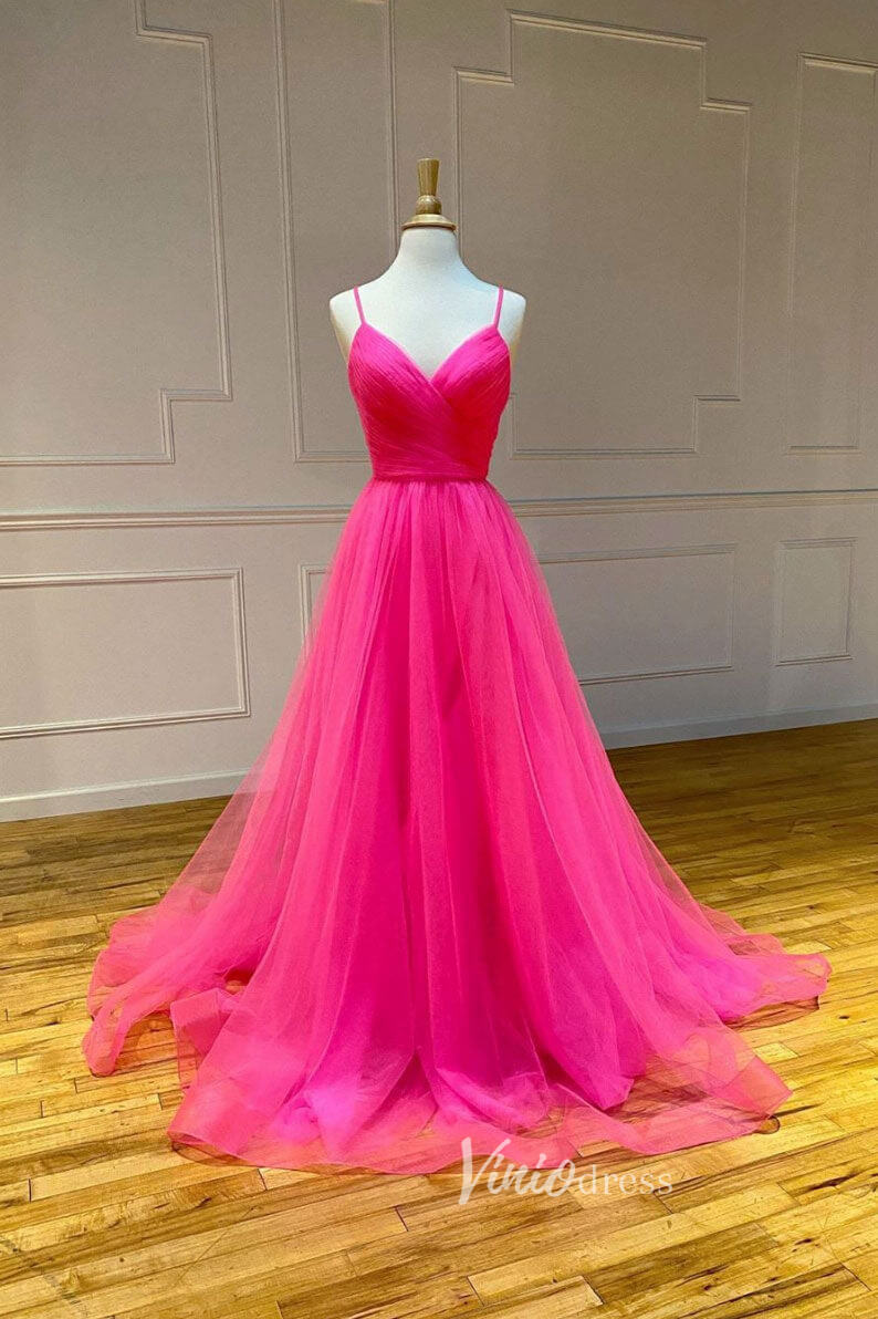 Simple Hot Pink Tulle Prom Dresses Spaghetti Strap FD2544 – Viniodress