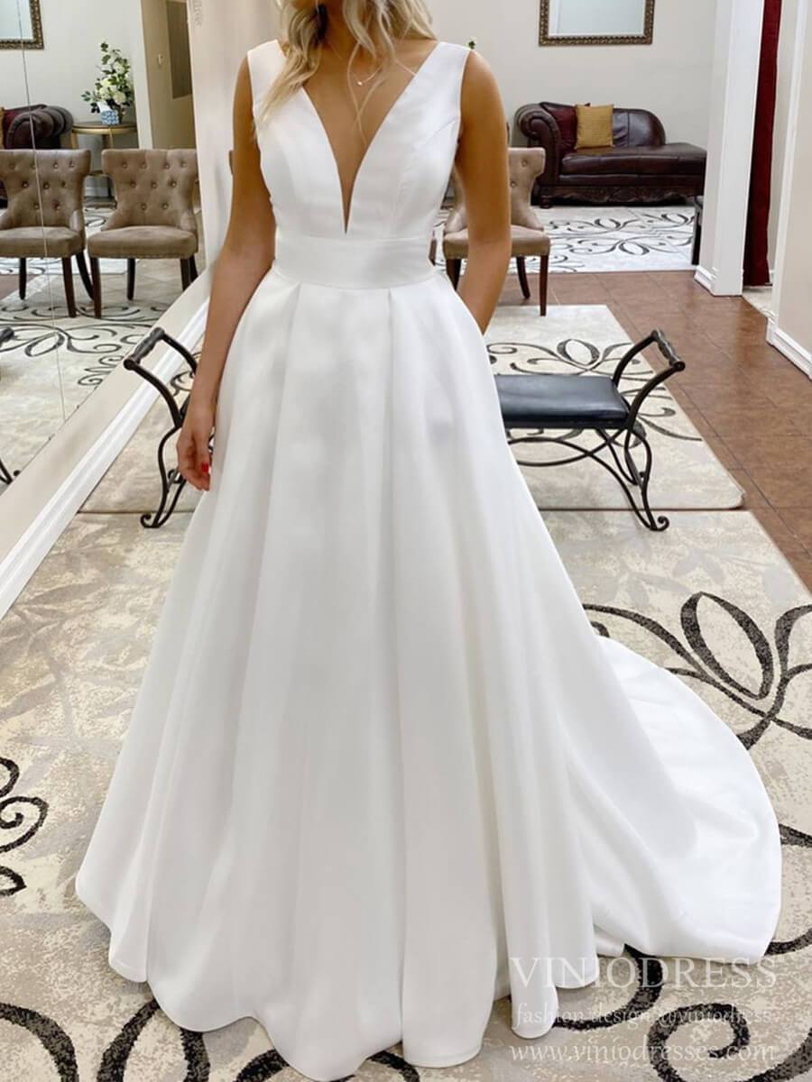 Simple Minimalist A-line Satin Wedding Dresses V-neck Bridal Dress VW1546