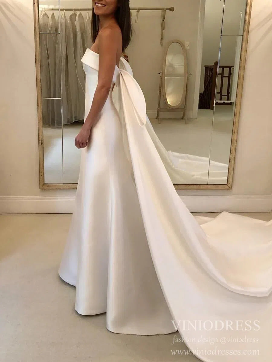 Simple Minimalist Wedding Dresses with Train Strapless Satin Bridal Gown VW1540-wedding dresses 2025 -Viniodress-Ivory-Custom Size-