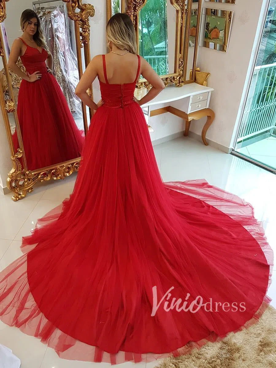 Simple Navy Blue Prom Dresses V Neck Tulles Military Gowns FD1321-prom dresses 2025 -Viniodress-Navy Blue-Custom Size-