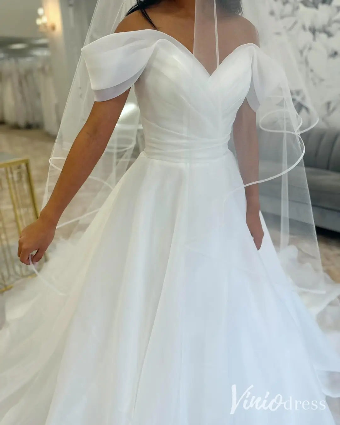 Simple Off Shoulder Organza Wedding Dress Plus Size with Chapel Train, Ruched Bodice – MS108-wedding dresses 2025 -Viniodress-Ivory-Custom Size-