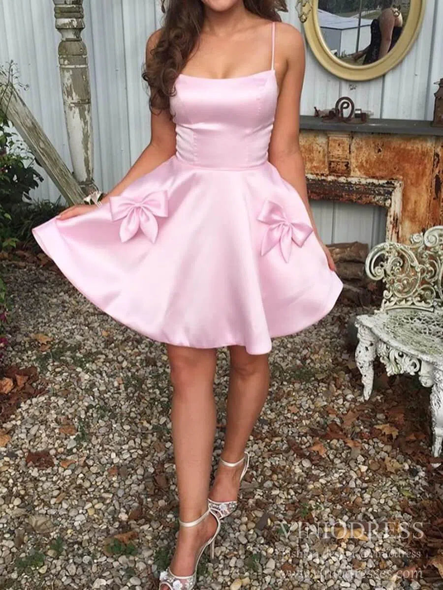 Simple Pink Spaghetti Strap Homecoming Dresses with Pockets SD1232 –  Viniodress