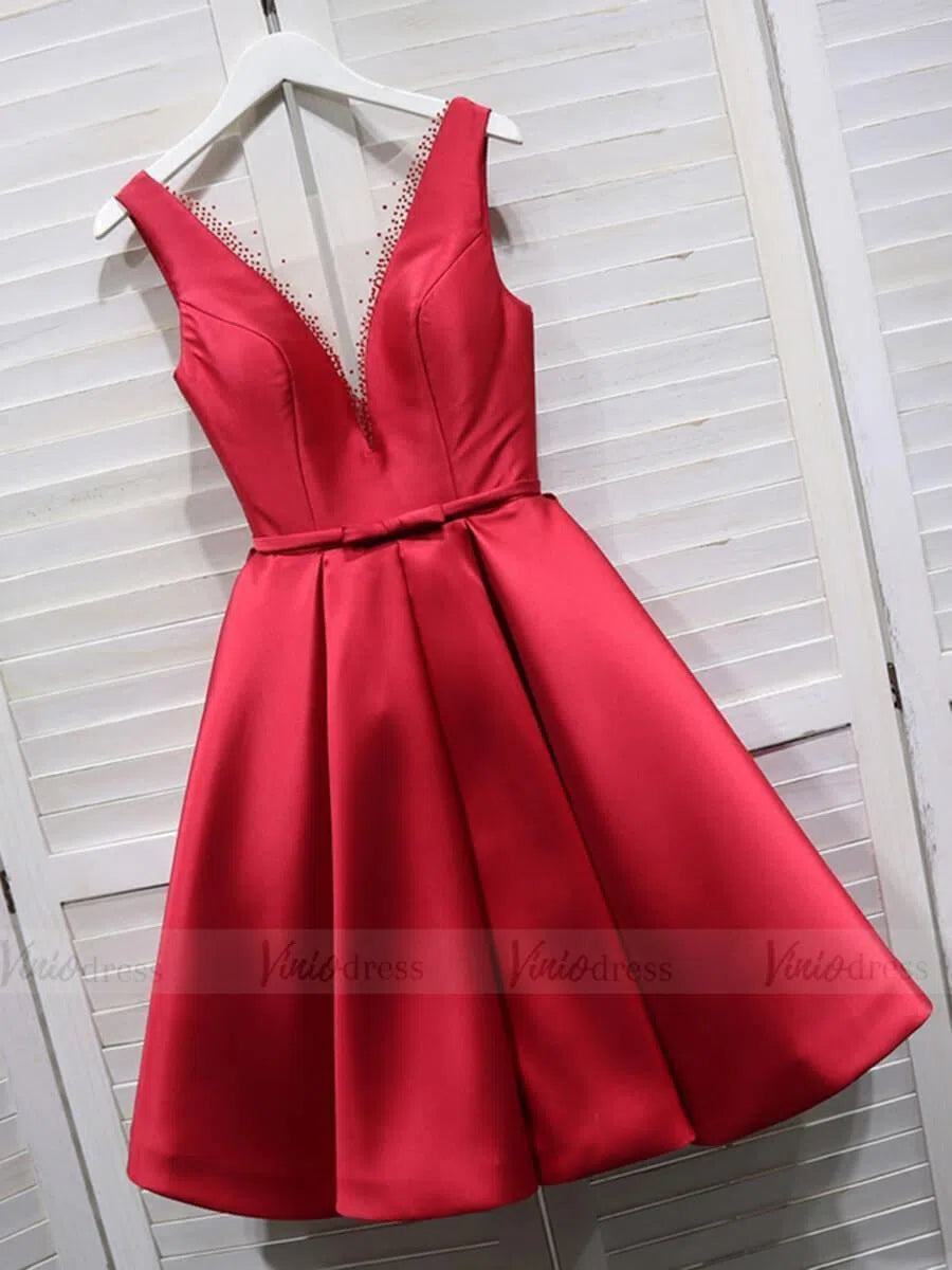red v neck homecoming dress Lovely Short Pink Spaghetti Straps Ruffles Satin Homecoming Dresses –  misshow.com
