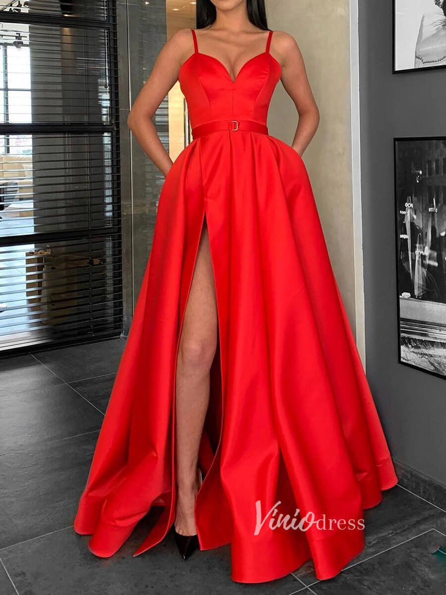 Simple Red Satin Long Prom Dresses with Pockets FD1551D-prom dresses 2025 -Viniodress-Red-Custom Size-