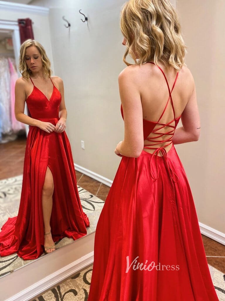 Simple Red Satin Long Prom Dresses with Slit FD2639-prom dresses 2025 -Viniodress-Red-Custom Size-
