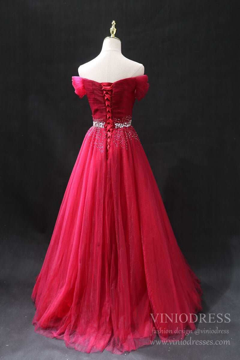 Simple Red Tulle Prom Dress Off the Shoulder Evening Gown-Prom Dresses 2025 -VINIODRESS-Red-US2-