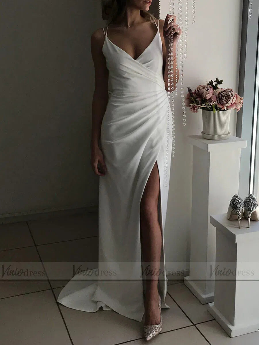 Simple Spaghetti Strap Sheath Beach Wedding Dresses with Slit VW1335-wedding dresses 2025 -Viniodress-Ivory-Custom Size-
