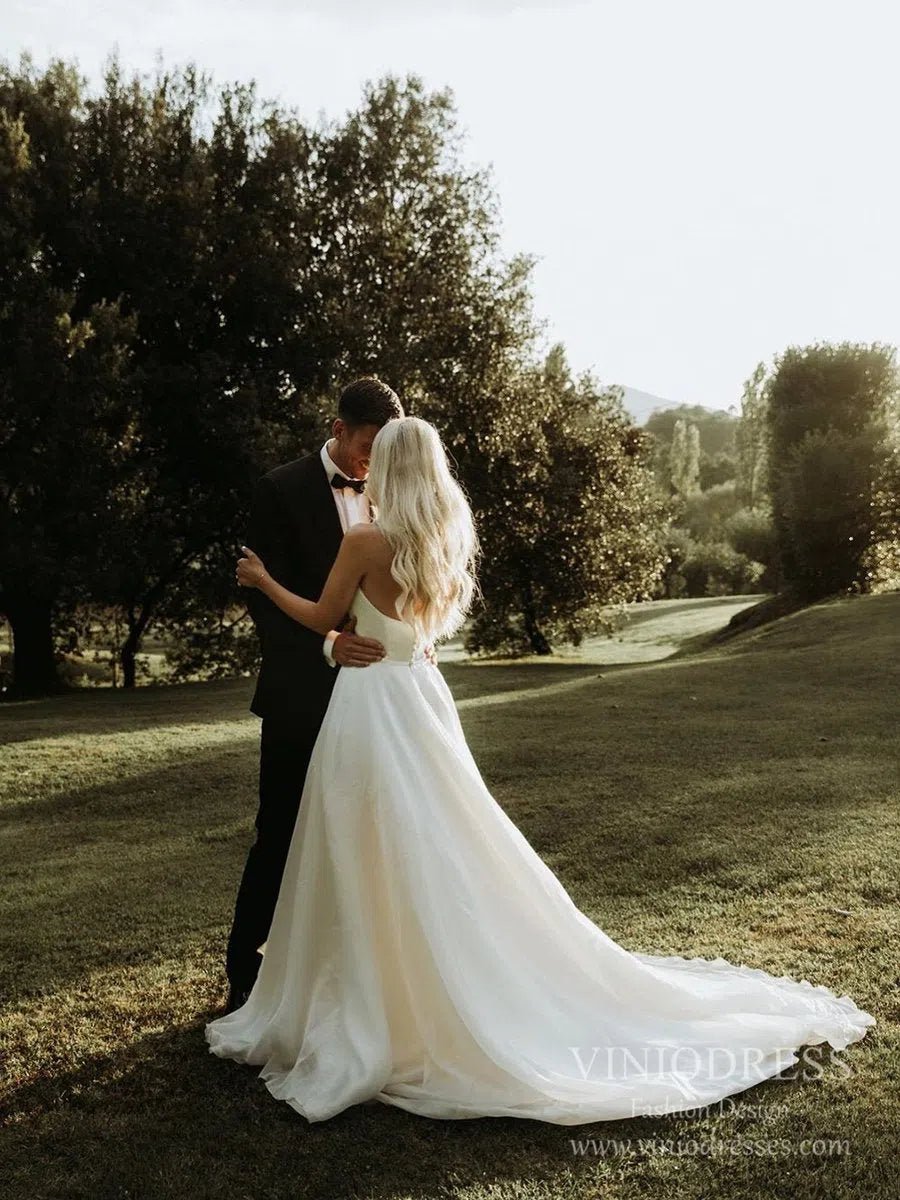 Simple Strapless A-line Wedding Dresses with Veil VW1828-wedding dresses 2025 -Viniodress-Ivory-Custom Size-