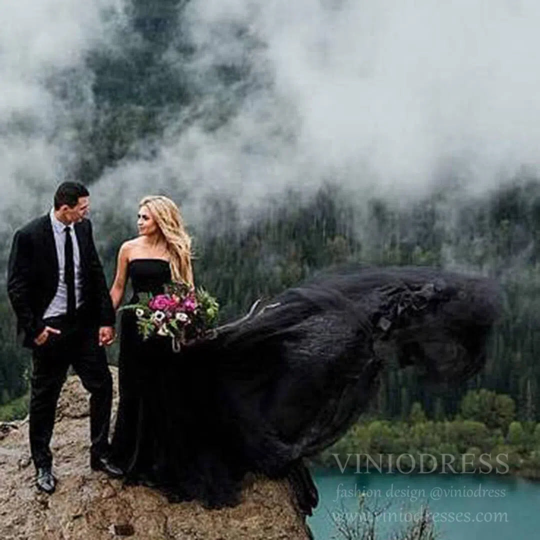 Simple Strapless Black Tulle Bridal Dresses Wedding Photography Dress VW1227-wedding dresses 2025 -Viniodress-Black-Custom Size-