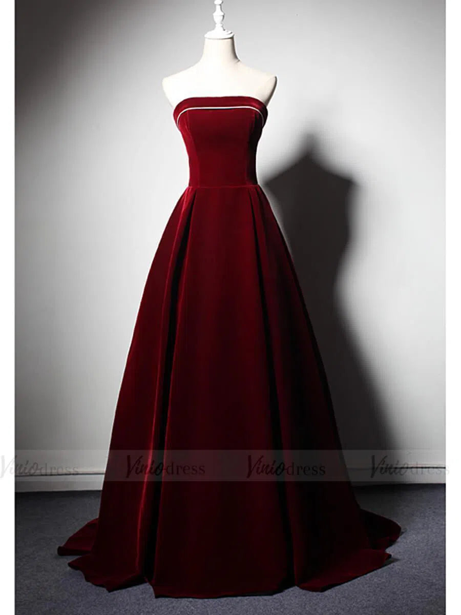 Simple Strapless Burgundy Velvet Prom Dresses Long FD1621  Viniodress