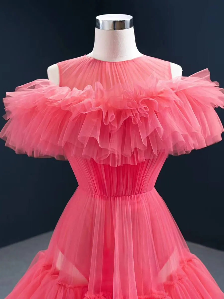 Simple Watermelon Pink Prom Dresses Tiered Ruffle Ball Gown FD2450-prom dresses 2025 -Viniodress-As Picture-Custom Size-