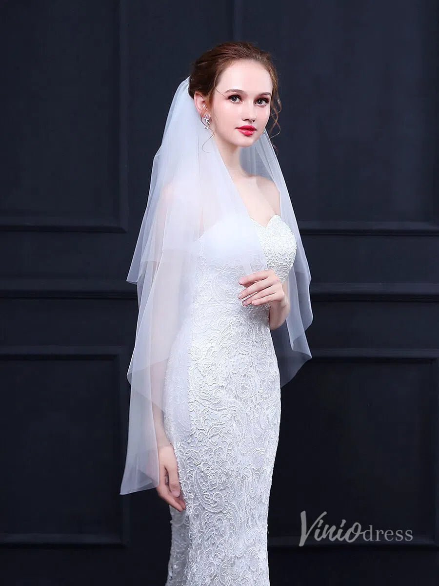 Simple White Fingertip Length Bridal Veil with Blusher Viniodress TS18022-Bridal Veil 2025 -Viniodress-White-