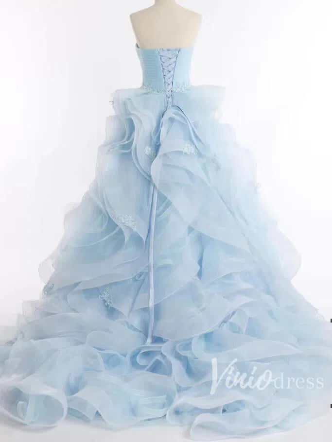 Sky Blue Strapless Prom Dresses Ruffled Quinceañera Dress FD1396-prom dresses 2025 -Viniodress-Light Blue-US 2-