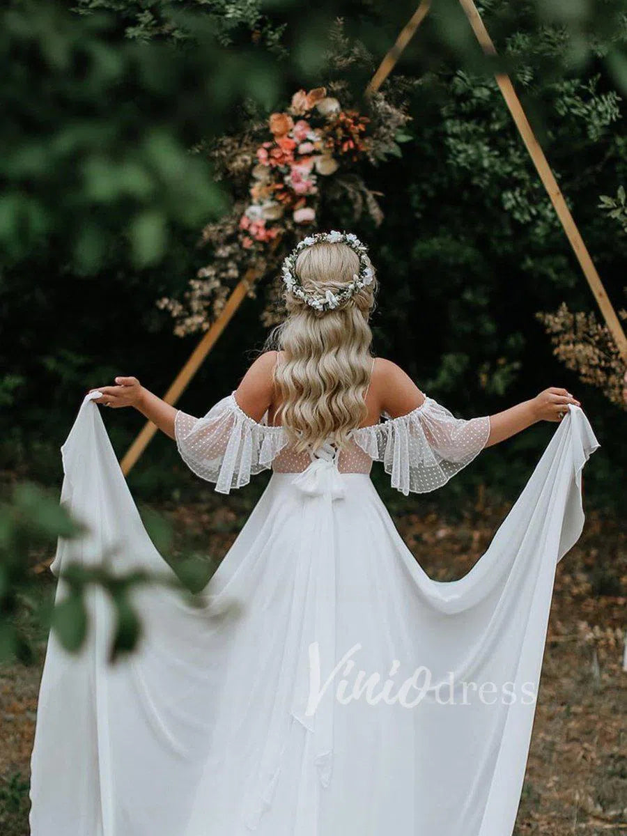 Spaghetti Strap Boho Wedding Dresses Chiffon Rustic Wedding Gown VW1199-wedding dresses 2025 -Viniodress-Ivory-Custom Size-