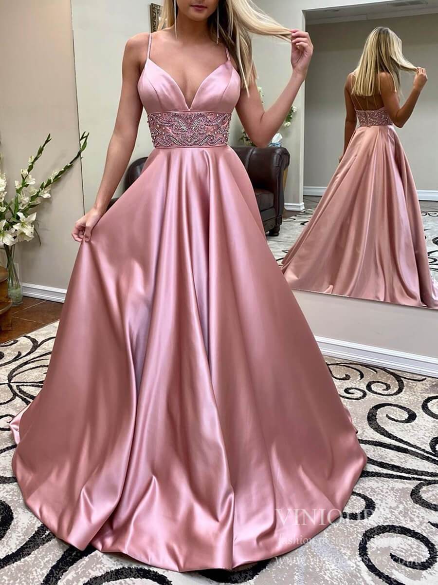 Spaghetti Strap Dusty Rose Satin Prom Dresses Beaded Formal Dress FD2148-prom dresses 2025 -Viniodress-Pink-Custom Size-
