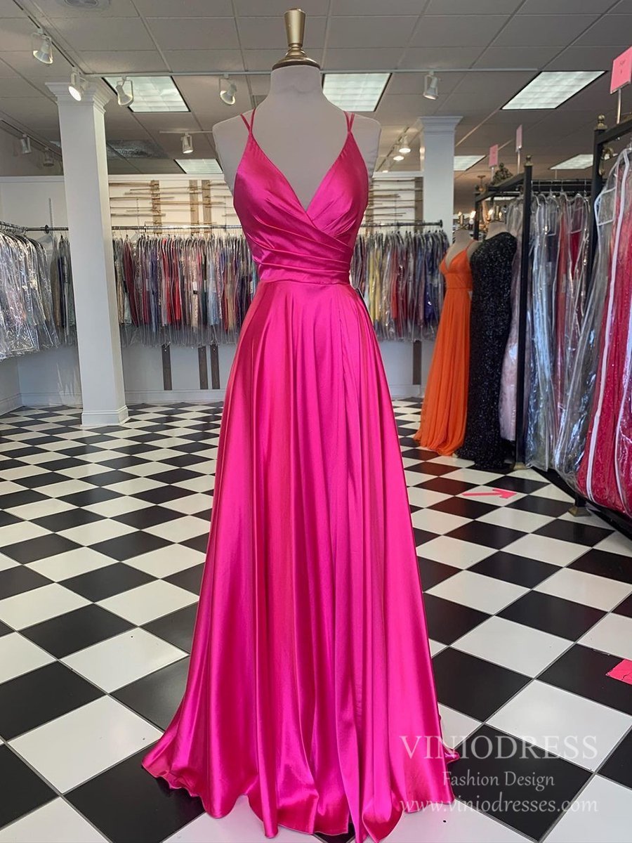 fuchsia satin maxi dress Spaghetti Strap Fuchsia Satin Long Prom Dresses with Pockets FD2549 –  Viniodress