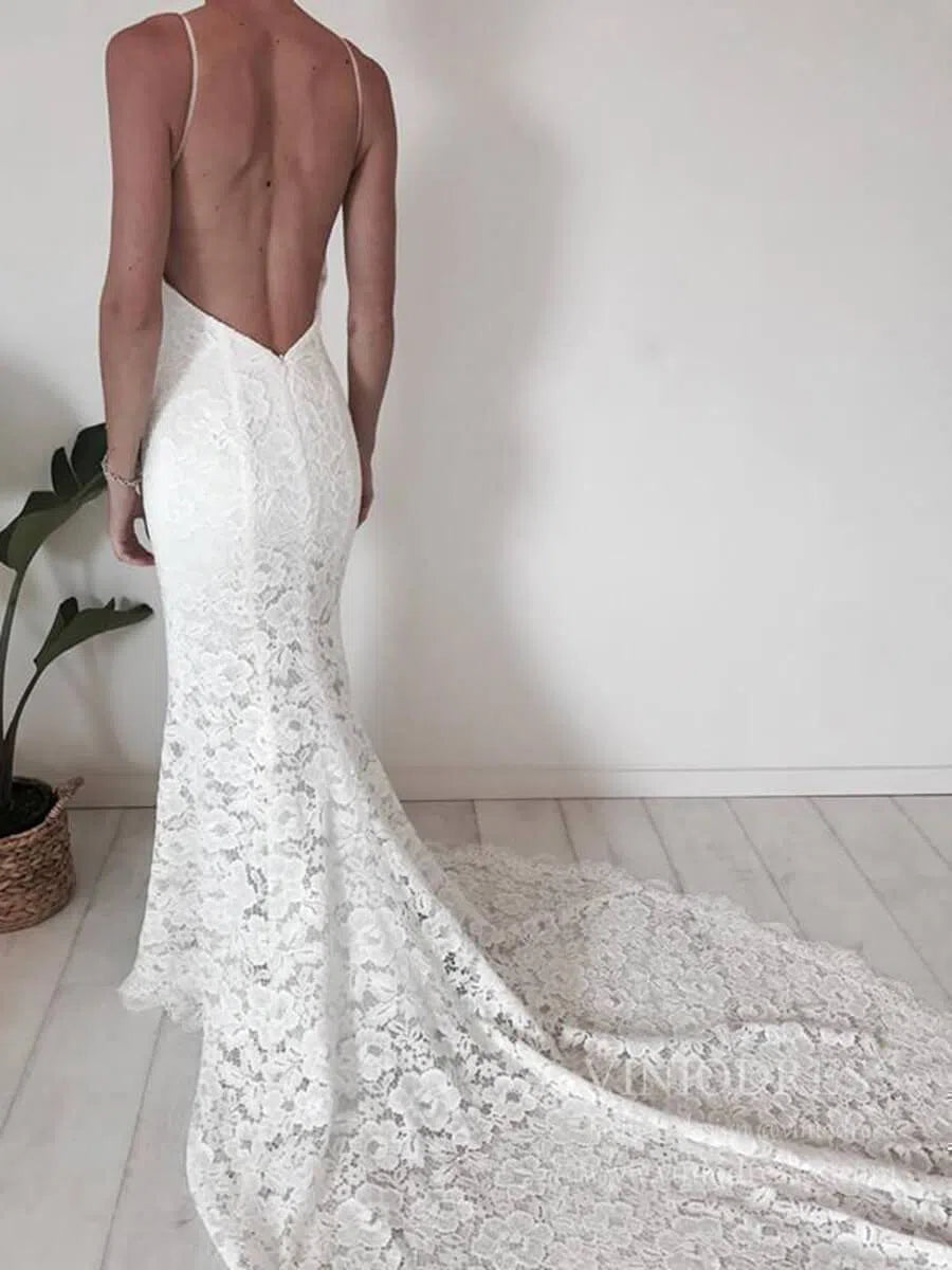 Spaghetti Strap Lace Boho Wedding Dresses with Slit VW1228-wedding dresses 2025 -Viniodress-Ivory-Custom Size-