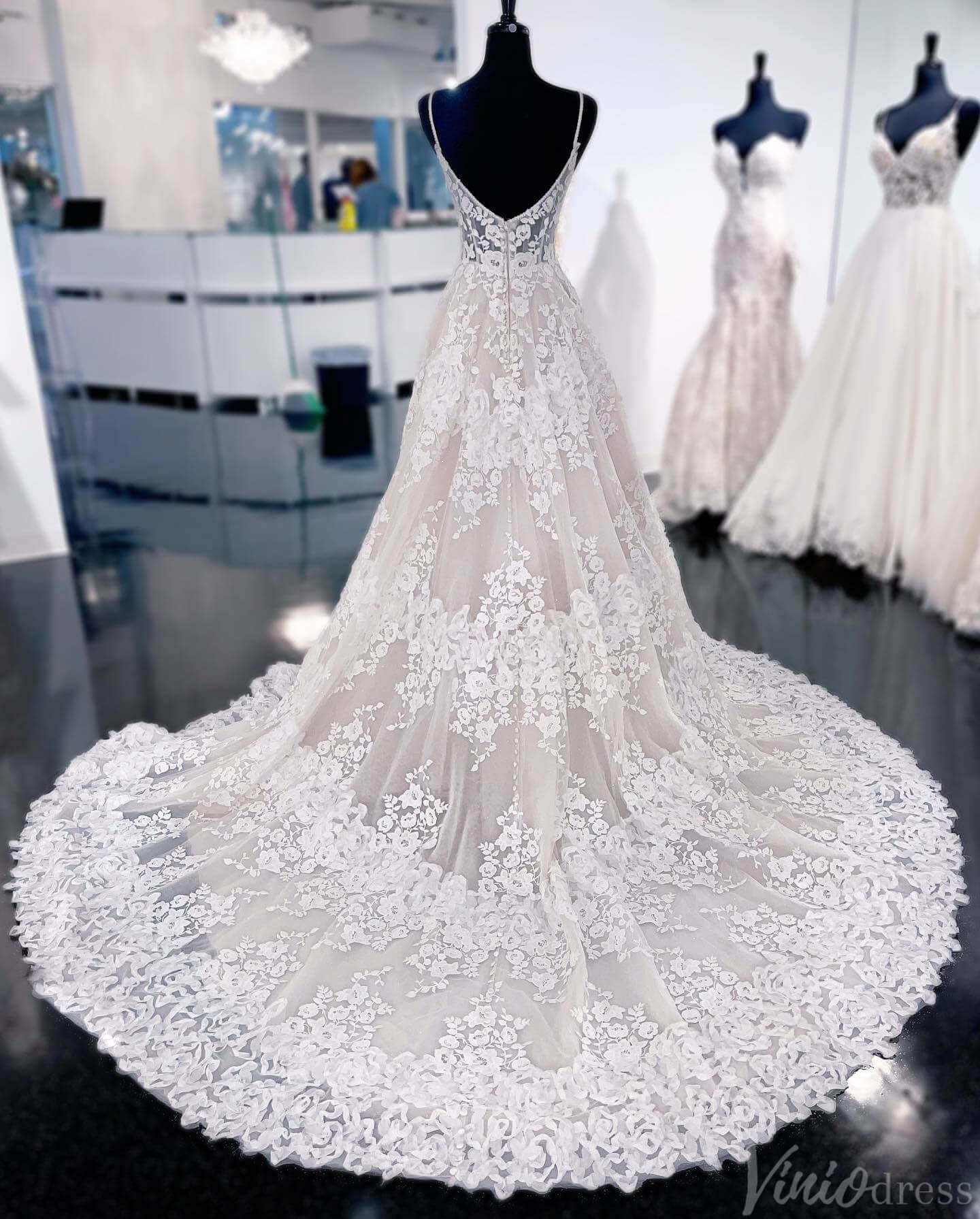 Spaghetti Strap Lace Wedding Dresses with Slit V-Neck Bridal Gown VW2166-wedding dresses 2025 -Viniodress-Nude-Custom Size-