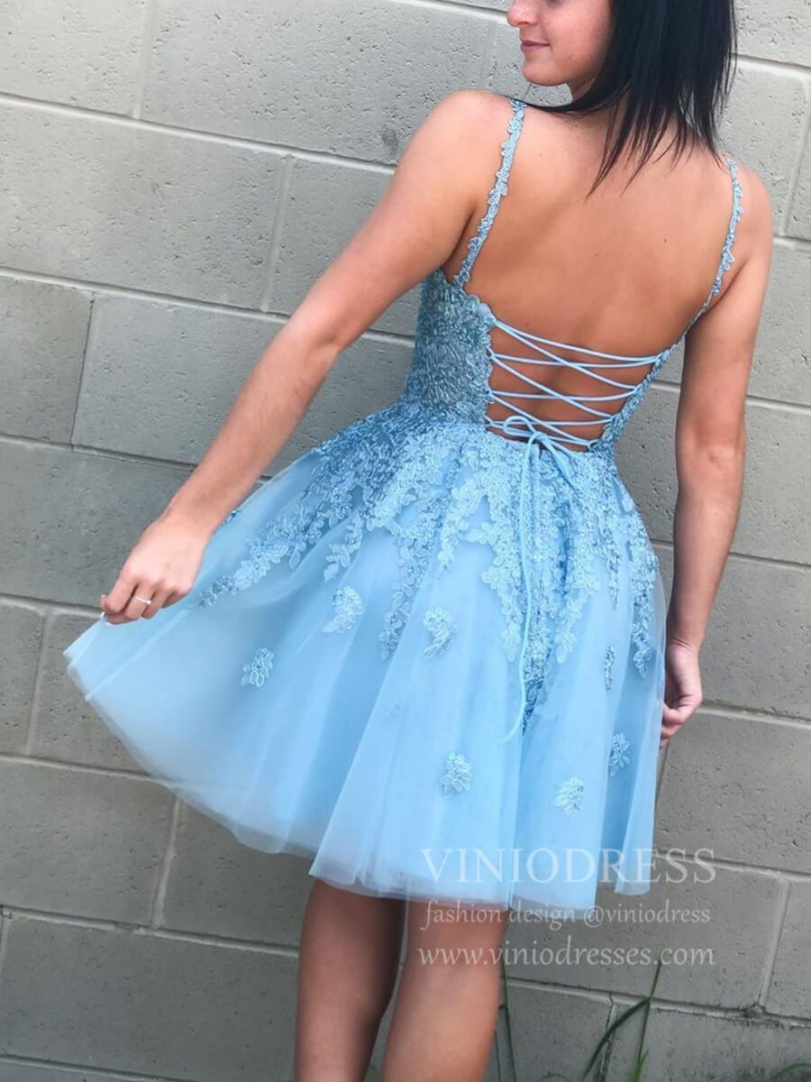 Spaghetti Strap Light Blue Lace Homecoming Dresses Open Back Hoco Dress SD1238-Homecoming Dresses 2025 -Viniodress-Light Blue-Custom Size-