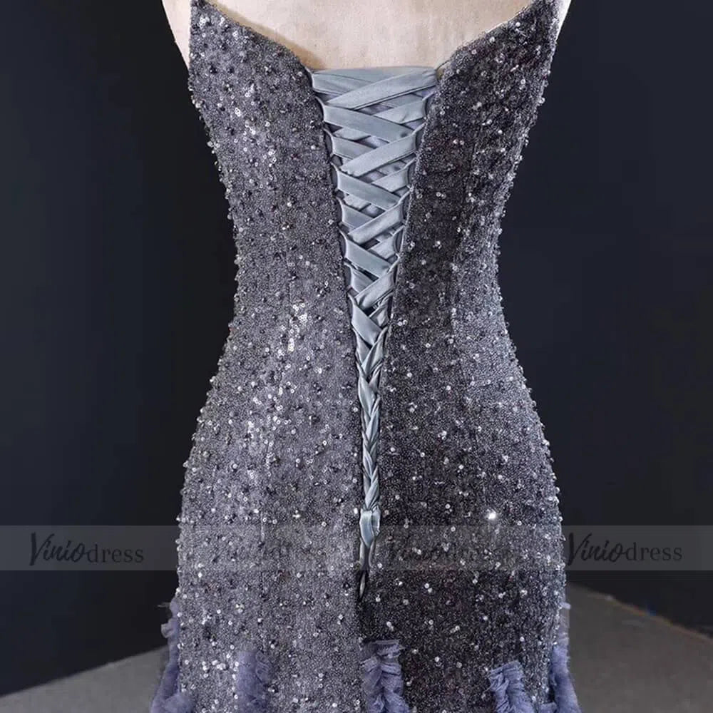 Spaghetti Strap Navy Blue Beaded Prom Dresses with Cathedral Train FD1675 viniodress-prom dresses 2025 -Viniodress-As Picture-Custom Size-