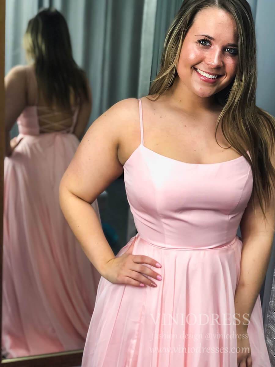 Spaghetti Strap Pink Satin and Chiffon Long Prom Dresses Plus Size FD1823-prom dresses 2025 -Viniodress-Pink-Custom Size-