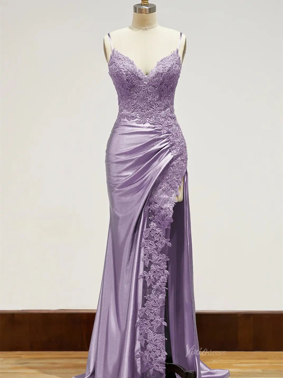 Spaghetti Strap Satin Prom Dresses with Slit, Lace Appliqued Sheath Formal Dresses FD1523B-prom dresses 2025 -Viniodress-Green-Custom Size-