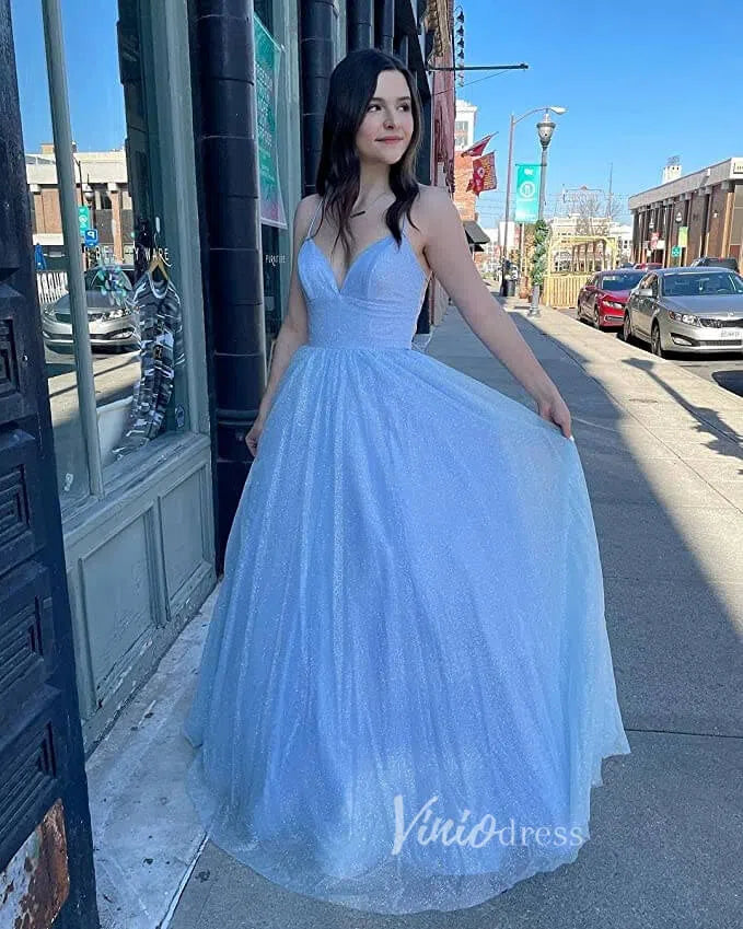 Spaghetti Strap Shimmer Tulle Long Prom Dresses with Pockets FD2016-prom dresses 2025 -Viniodress-As Picture-Custom Size-