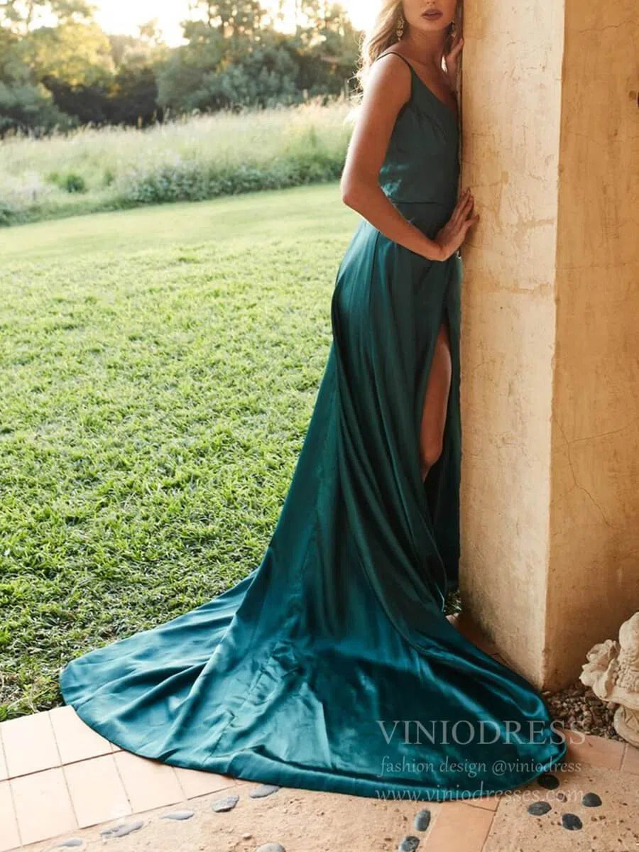 Spaghetti Strap Teal Green Prom Dresses with Long Train FD1708-prom dresses 2025 -Viniodress-Teal-Custom Size-