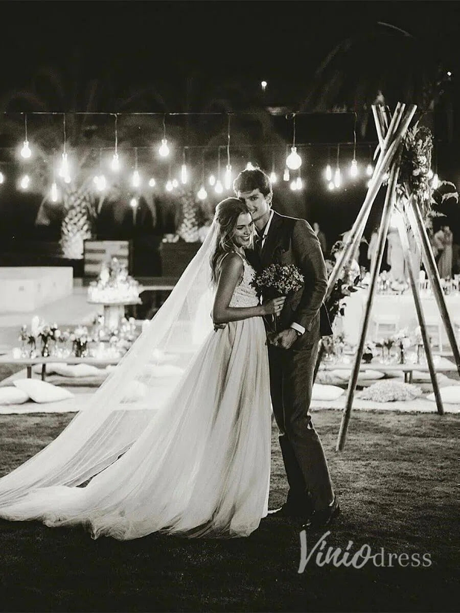 Spaghetti Strap V Neck Champagne Country Wedding Dress VW1127-wedding dresses 2025 -Viniodress-Champagne-Custom Size-