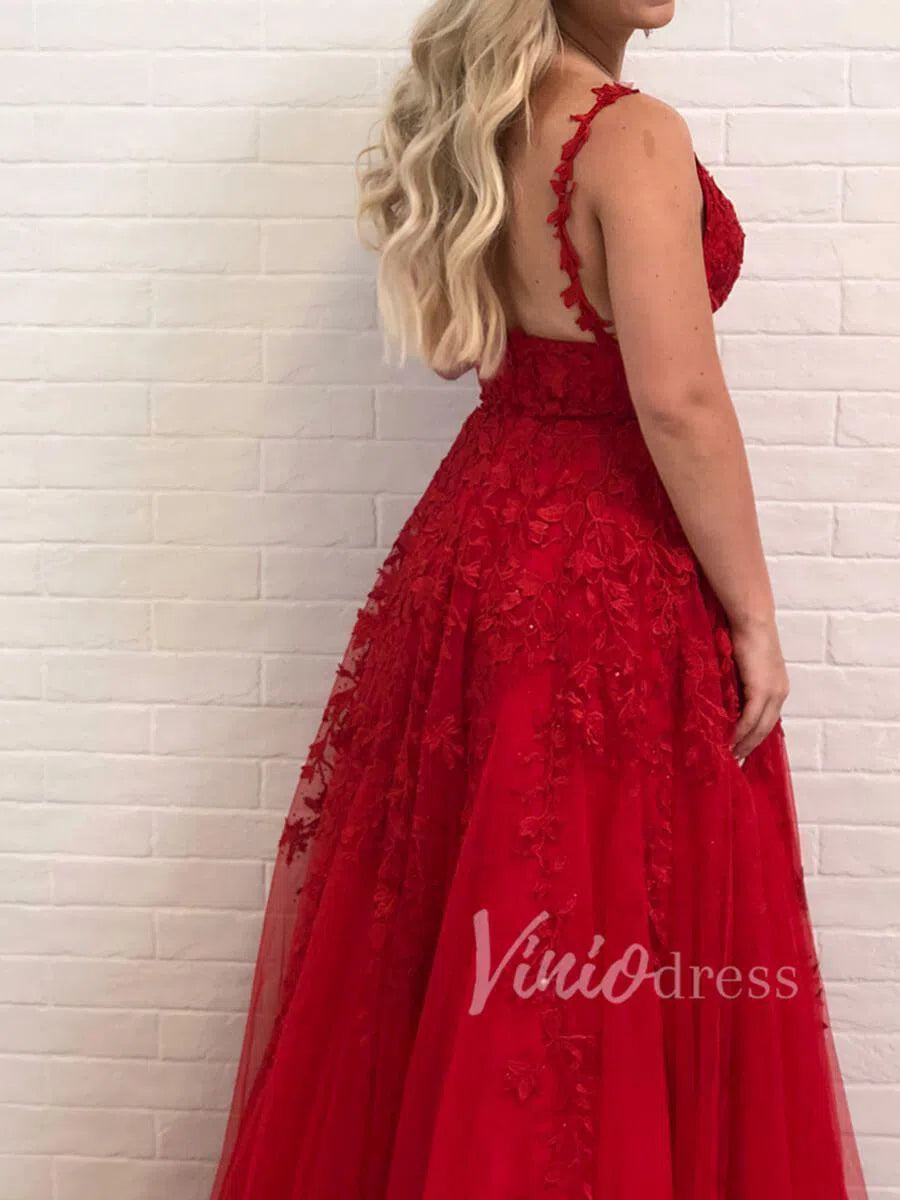 Spaghetti Strap V-neck Prom Dresses A-line Lace Applique Formal Dress FD1348-prom dresses 2025 -Viniodress-Dark Red-Custom Size-