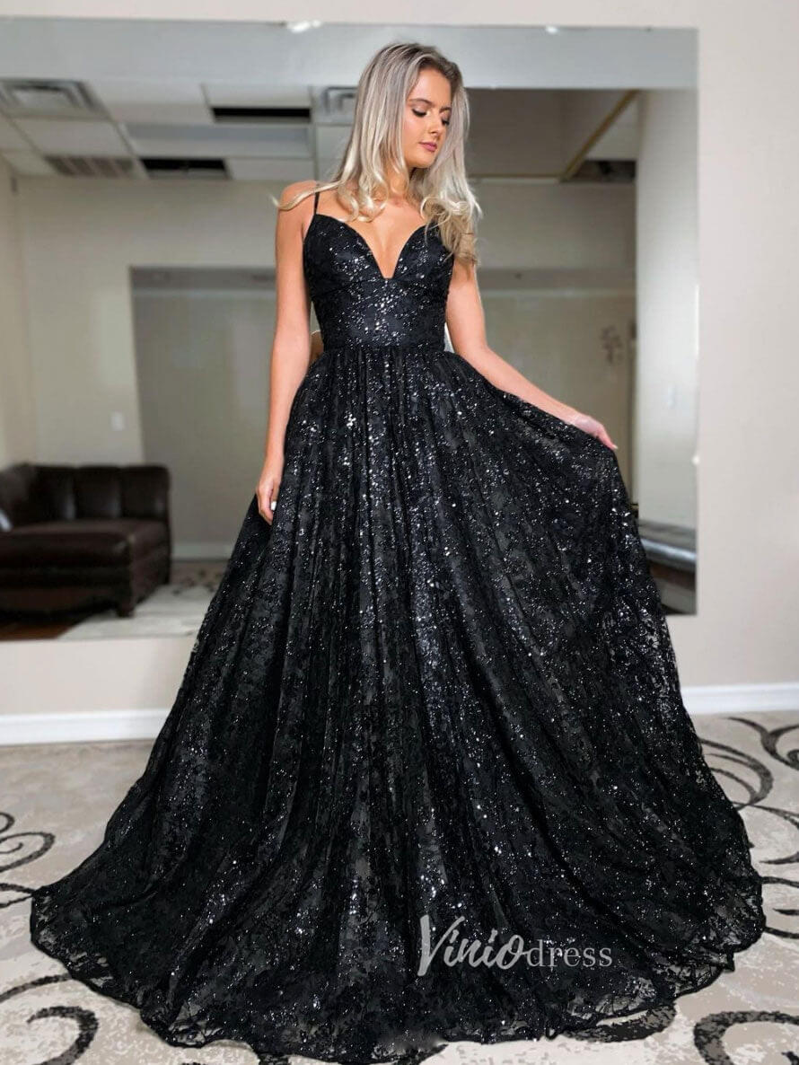Sparkly Black Lace Prom Dresses Spaghetti Strap V-Neck Evening Dress F Viniodress Sparkly Black Lace Prom Dresses Spaghetti Strap V-Neck Evening Dress F Viniodress