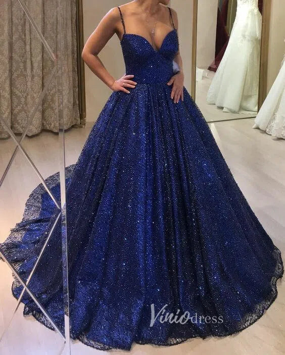 Sparkly Blue Beaded Ball Gown Elegant Prom Dresses FD3516 – Viniodress