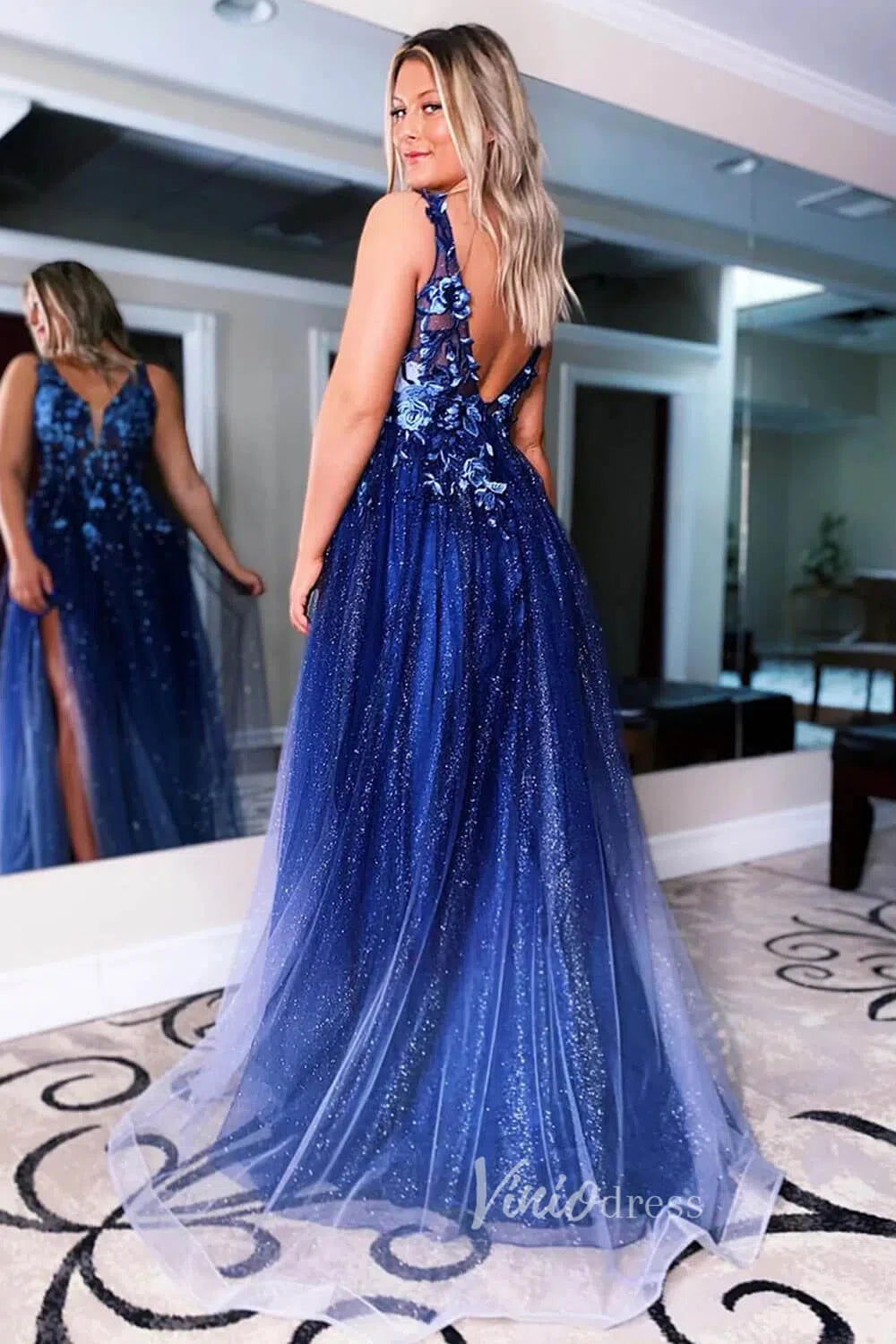 Sparkly Blue Prom Dresses 2024 High Slit Backless V-neck Tulle Evening Gowns FD1352-prom dresses 2025 -Viniodress-Blue-Custom Size-