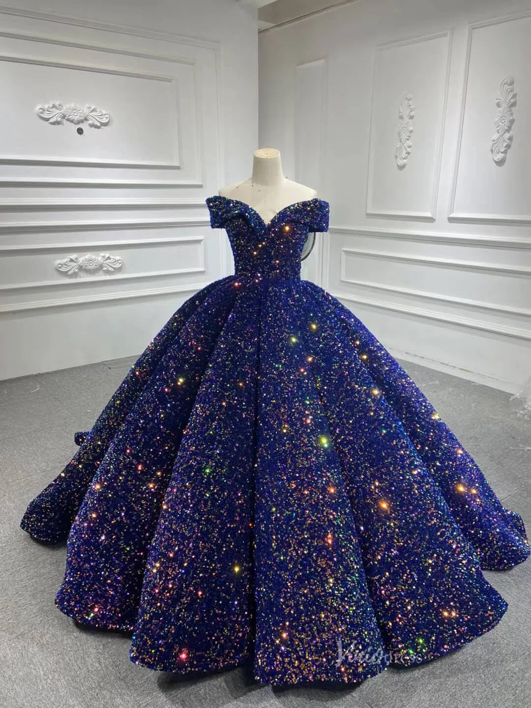 Sparkly Blue Sequin Sweet 16 Dresses Cinderella Ball Gown 66991 Sweep Train Blue / US 2, image size:1080x1440