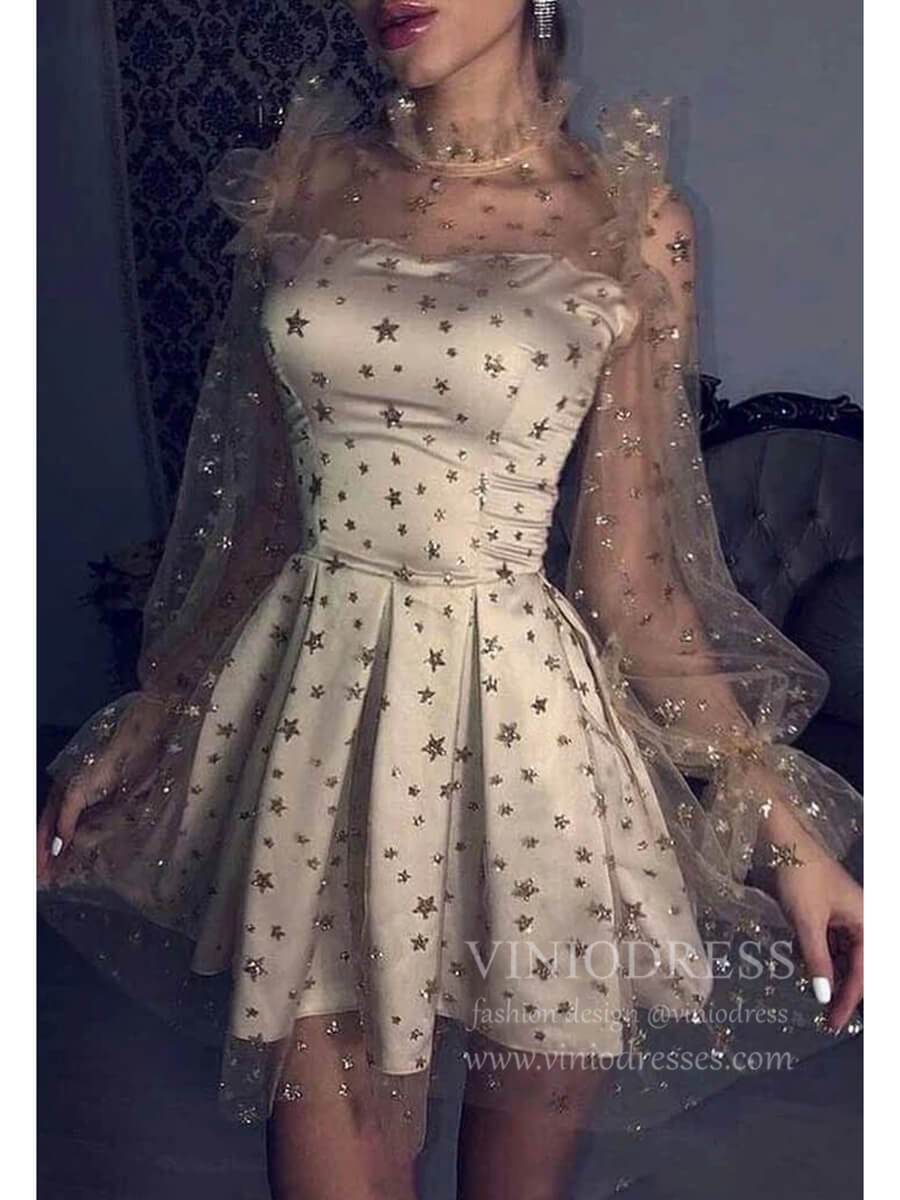 Sparkly Champagne Cocktail Dress High Neck Star Tulle Hoco Dresses SD1 Viniodress Sparkly Champagne Cocktail Dress High Neck Star Tulle Hoco Dresses SD1 Viniodress