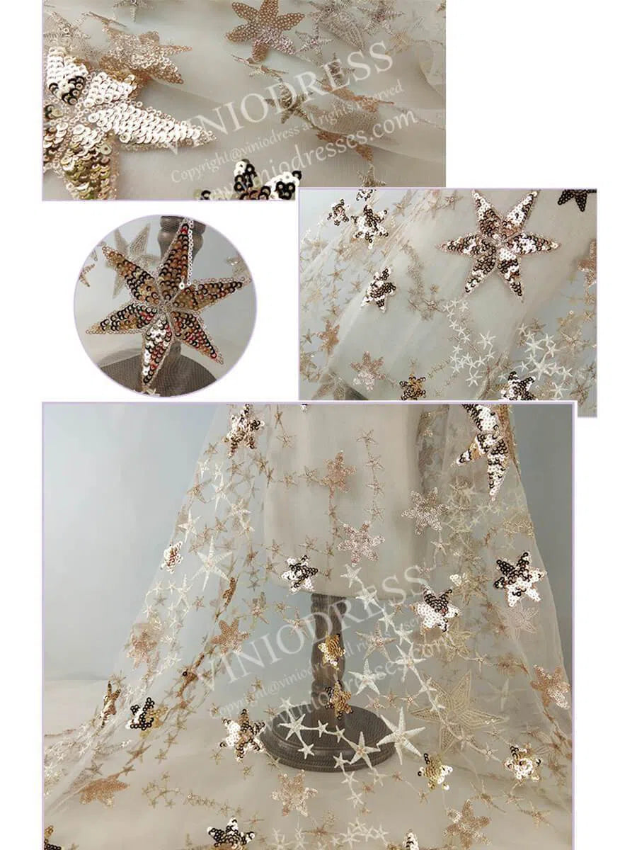 Sparkly Chic Star Sequin Lace Gold Prom Dresses Long Cap Sleeves FD1748-prom dresses 2025 -Viniodress-Champagne-Custom Size-