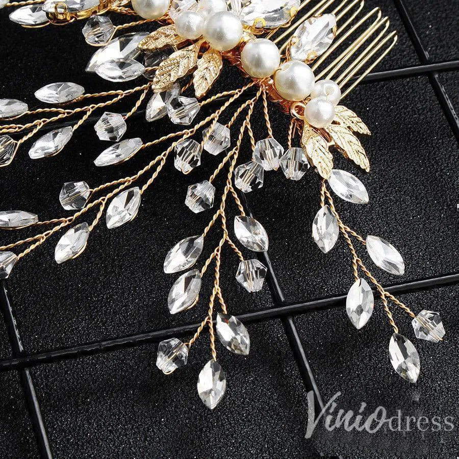 Sparkly Crystal Sprig Gold Wedding Comb with Pearl ACC1156-Headpieces 2025 -Viniodress-Gold-