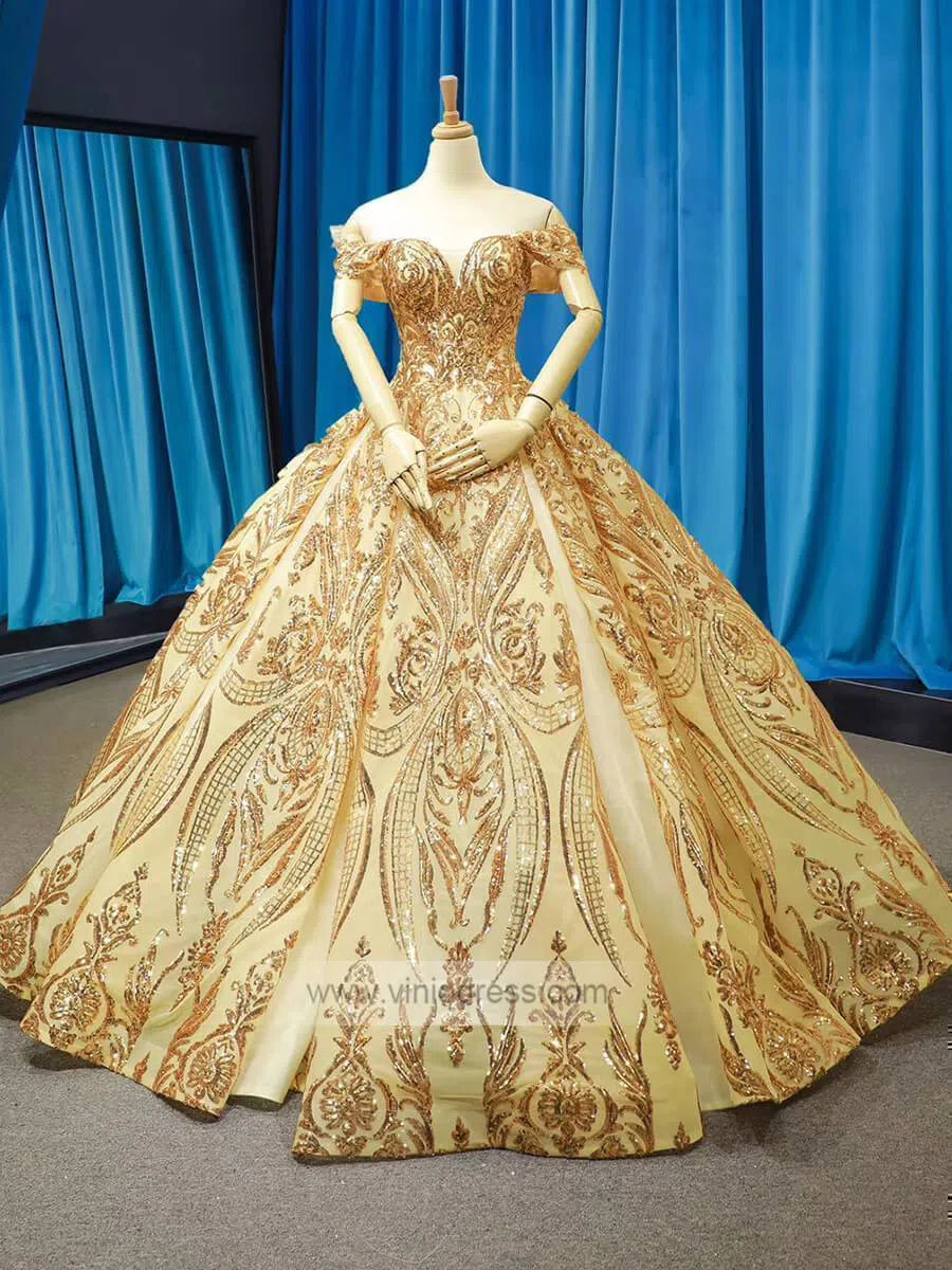 Sparkly Gold Lace Ball Gowns Off the Shoulder Prom Dresses 66709