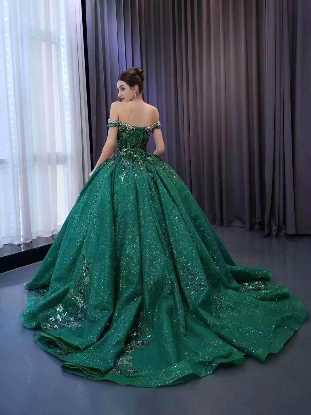 Sparkly Green Lace Wedding Dresses Off the Shoulder Ball Gown 231113-Quinceanera Dresses 2025 -Viniodress-Green-Custom Size-