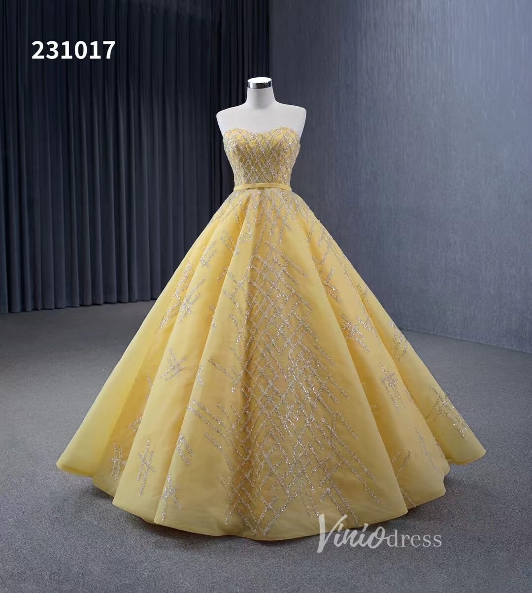 Sparkly Light Gold Ball Gown Prom Dresses Beaded Strapless Quince Dres –  Viniodress