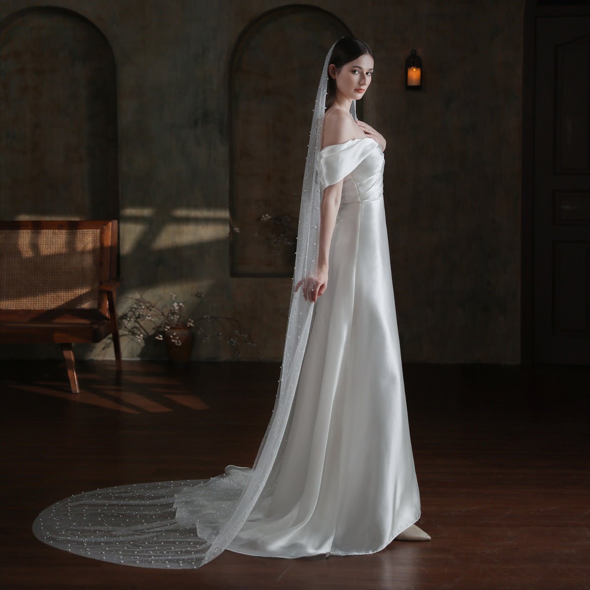 Sparkly Long Tulle Pearl Veil for Brides Viniodress V873-Bridal Veil 2025 -Viniodress-Ivory-300cm-