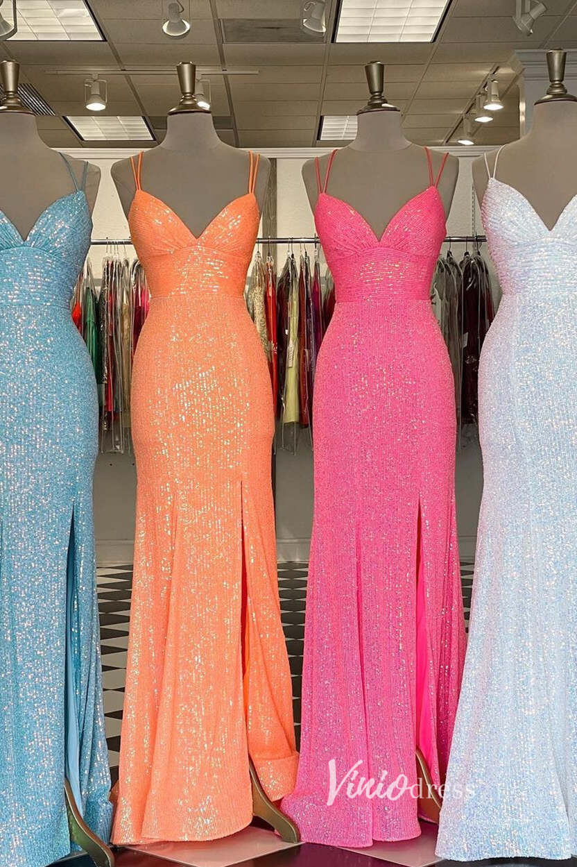 Sparkly Orange Sequin Prom Dress – Mermaid Formal Dress with Slit, Spaghetti Strap V-neck FD3277-prom dresses 2025 -Viniodress-Orange-Custom Size-