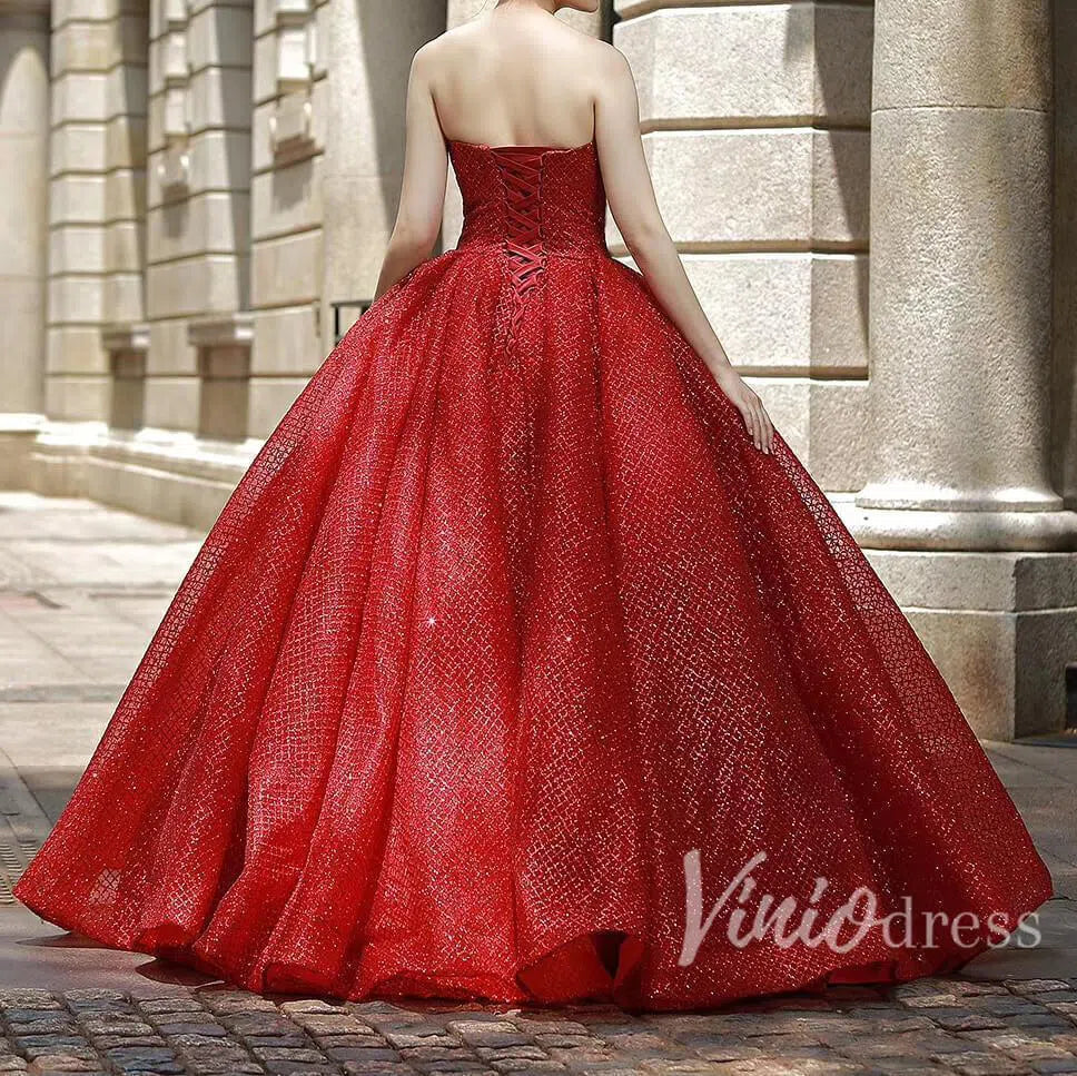 Sparkly Red Quinceañera Dress Strapless Prom Ball Gown FD1084 viniodress-prom dresses 2025 -Viniodress-Red-US 2-