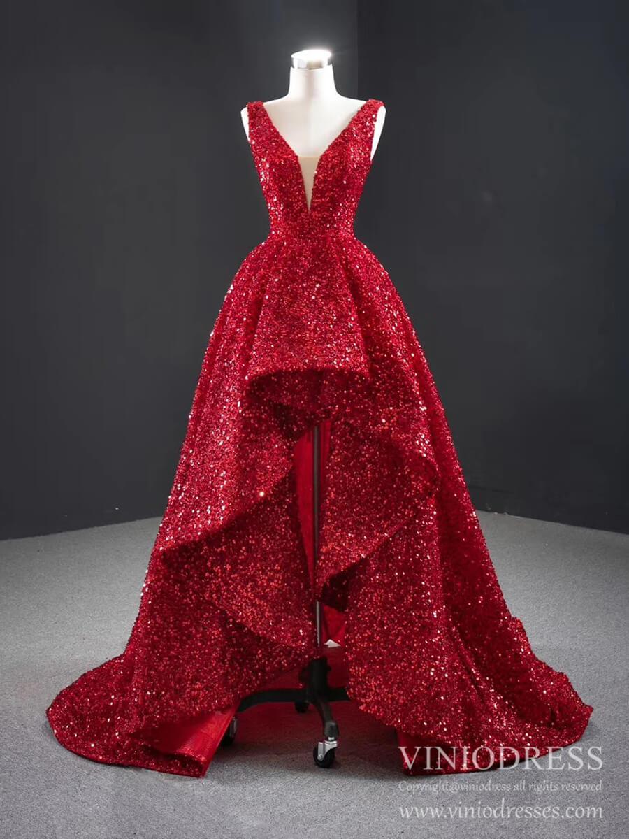 Sparkly Red Sequin High Low Prom Dresses Vintage Pageant Gown FD2414 v Viniodress Sparkly Red Sequin High Low Prom Dresses Vintage Pageant Gown FD2414 v Viniodress