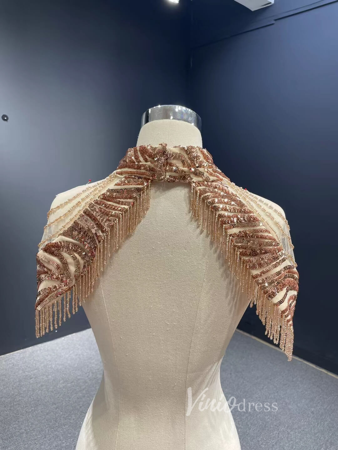 Sparkly Rose Gold Sequin Ball Gown Removable High Neck Dress 67189-Quinceanera Dresses 2025 -Viniodress-Rose Gold-Custom Size-