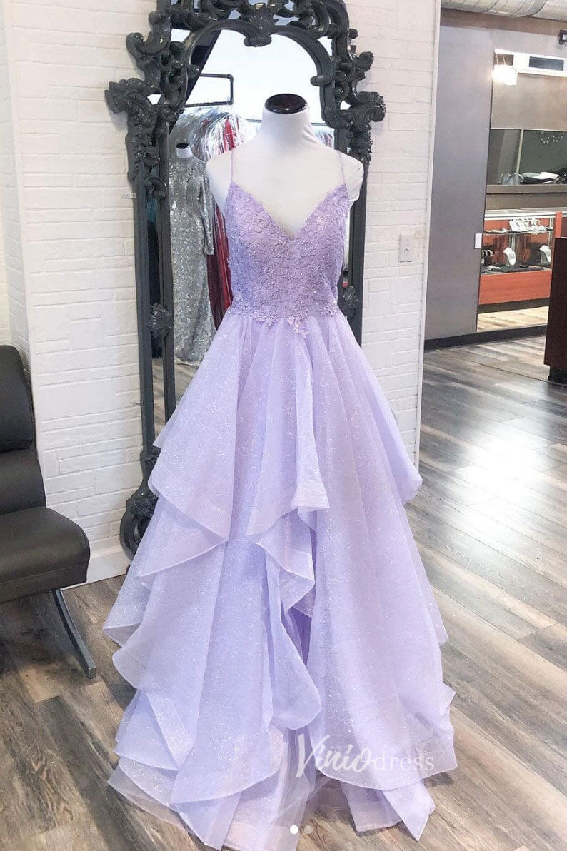 Sparkly Ruffle Lavender Prom Dresses V-neck Lace-up Back FD2942E-prom dresses 2025 -Viniodress-Lavender-Custom Size-