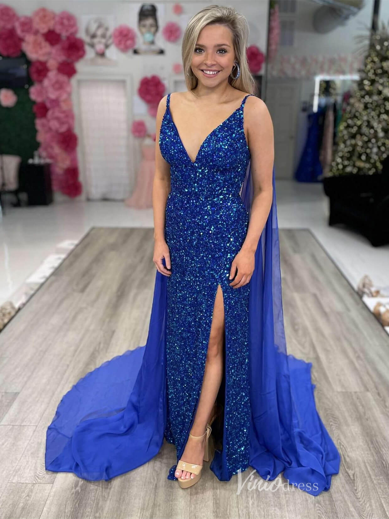Sparkly Sequin Mermaid Prom Dresses with Slit Removable Cape Sleeve FD3983-prom dresses 2025 -Viniodress-Blue-Custom Size-