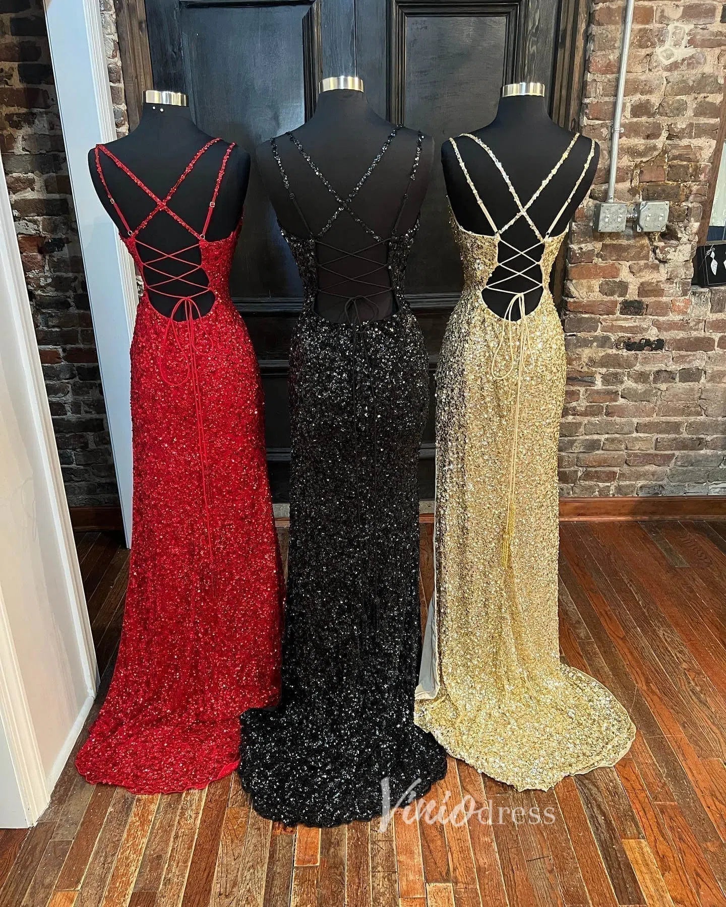 Sparkly Sequin Prom Dresses With Slit Mermaid Spaghetti Strap Evening Dress FD3127-prom dresses 2025 -Viniodress-Red-Custom Size-
