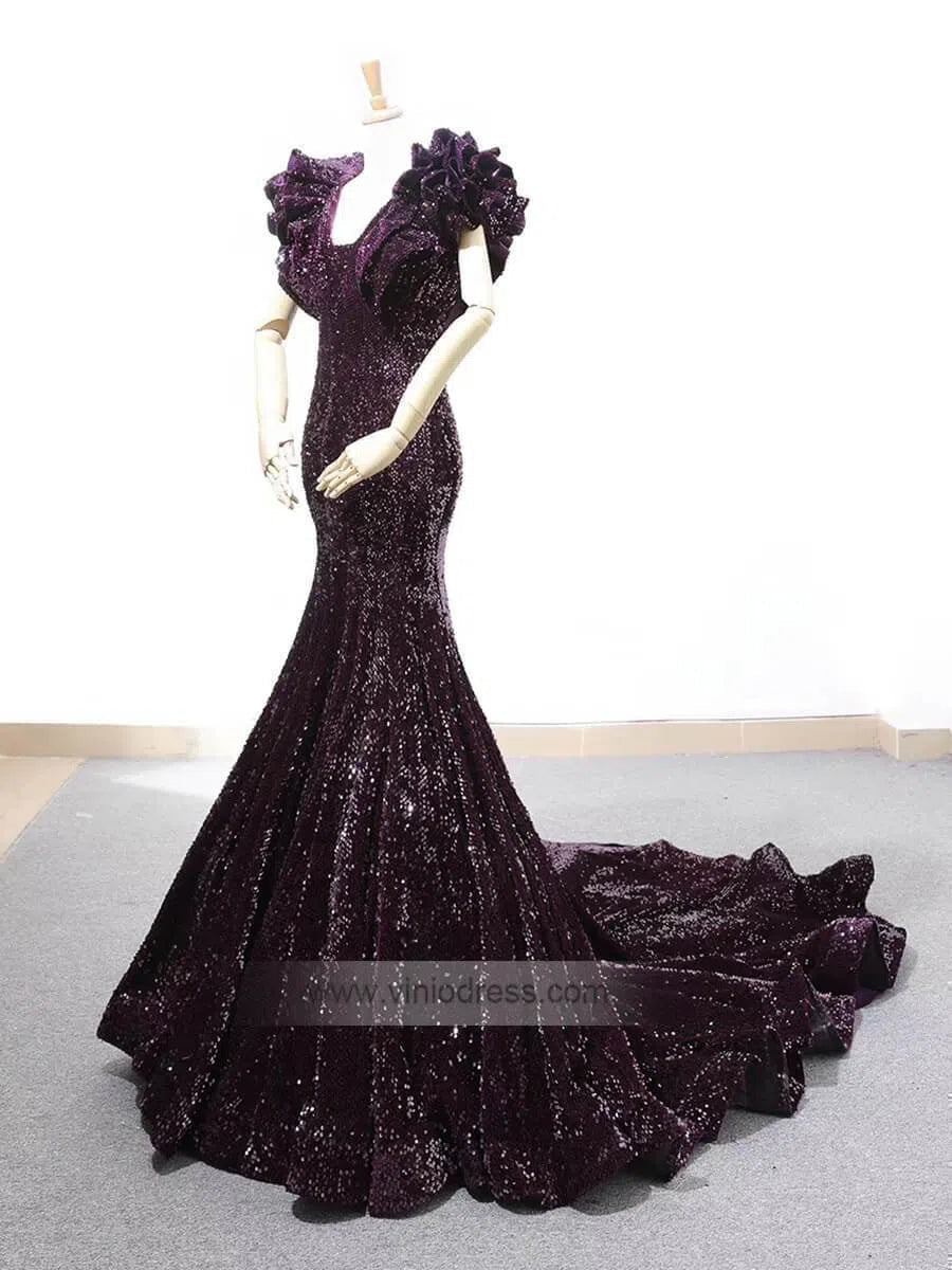 Sparkly Sequin Ruffle Shoulder Mermaid Wedding Dresses Vintage Pageant Dress FD1209-prom dresses 2025 -Viniodress-Red-Custom Size-