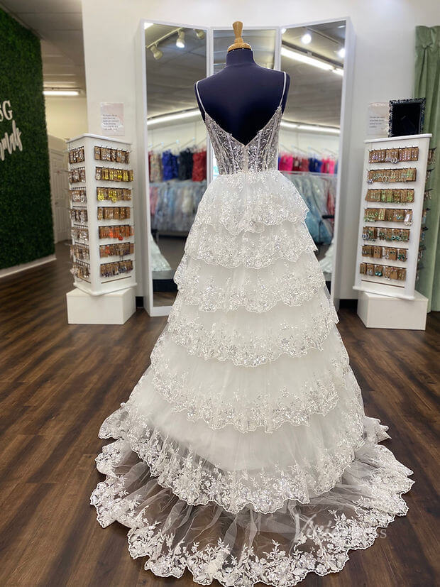 Sparkly Tiered Ruffle Prom Dresses 2024 Spaghetti Strap V-neck Ball Gowns FD3635B-prom dresses 2025 -Viniodress-Ivory-Custom Size-